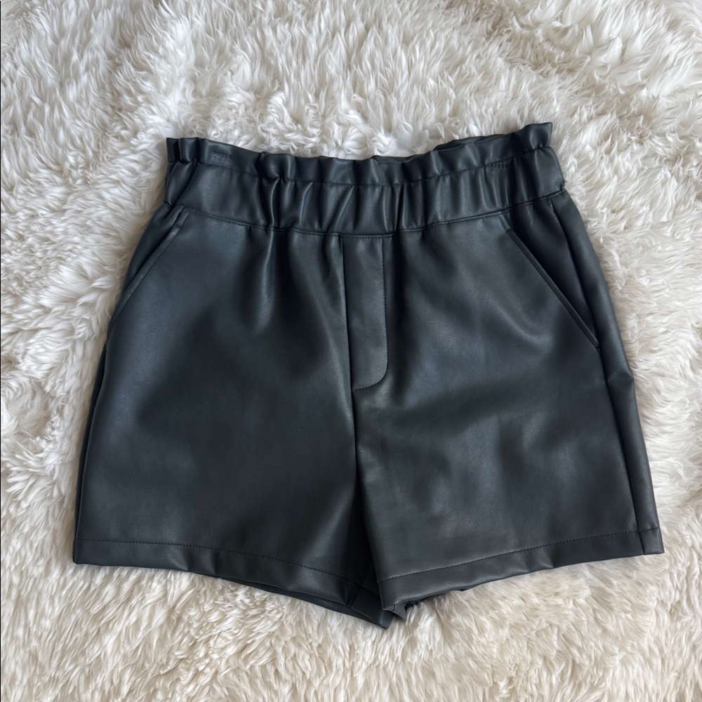 Theory Slate High-Waist Faux Leather Paperbag Shorts